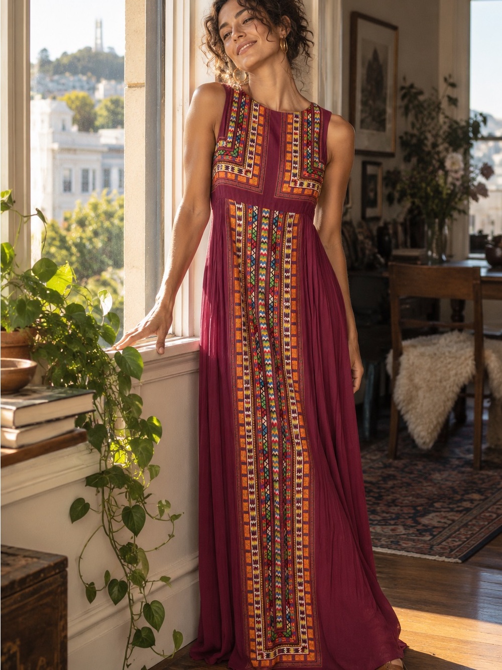 Anthropologie Tanvi Kedia Bajwa Embroidered Beaded Maxi Dress Burgundy